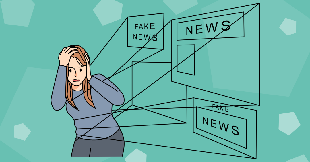 Eine Frau im Cartoon-Stil ist von Fake News und richtigen Nachrichten überwältigt.