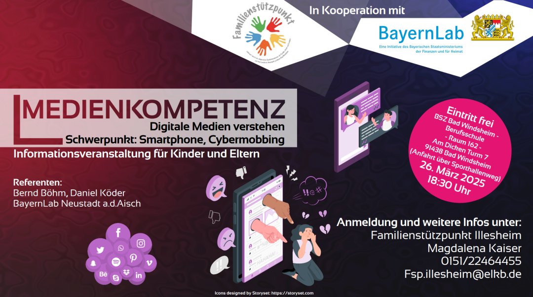 Vor dunklem Hintergrund Symbole von Social Media, ein weinendes Mädchen, das im Chat beleidigt wird und zwei Personen, die sich in einem Chat unterhalten. Oben Logo Familienstützpunkt mit verschiedenfarbigen Handabdrücken, Text in Kooperation mit, Logo BayernLab, eine Initiative des Bayrischen Staatsministeriums der Finanzen und Heimat mit bayrischem Staatswappen. Veranstaltungsinformationen sind im Text genannt