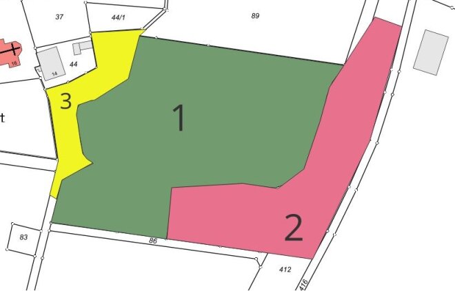 Bestandkarte mit den betroffenen Gebieten der Umlegung in unterschiedlichen Farben